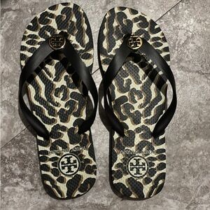Tory Burch Animal Print Sandals with Black Straps